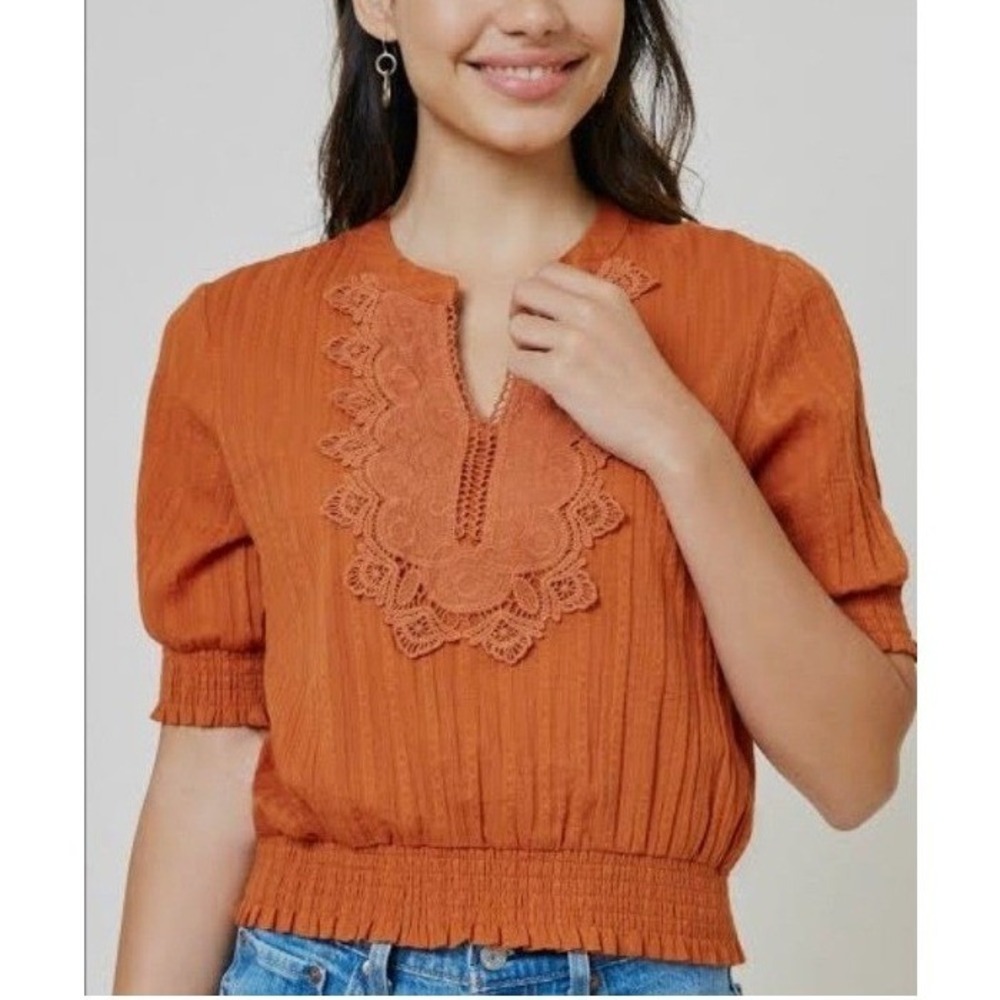 Hayden Los Angeles Rust Orange Lace Smocked Cotton Blouse Top H7939 Large